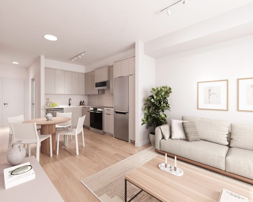 Open-plan living area with light engineered hardwood flooring in a Squamish show home — Tantalus Floors