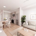 The Alexander 7 Open-plan living area with light engineered hardwood flooring in a Squamish show home — Tantalus Floors