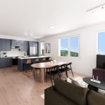 The Alexander 5 Open living space with darker-toned engineered hardwood flooring in a Squamish show home — Tantalus Floors
