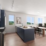The Alexander 4 Living and dining area with darker-toned engineered hardwood flooring in a Squamish show home — Tantalus Floors