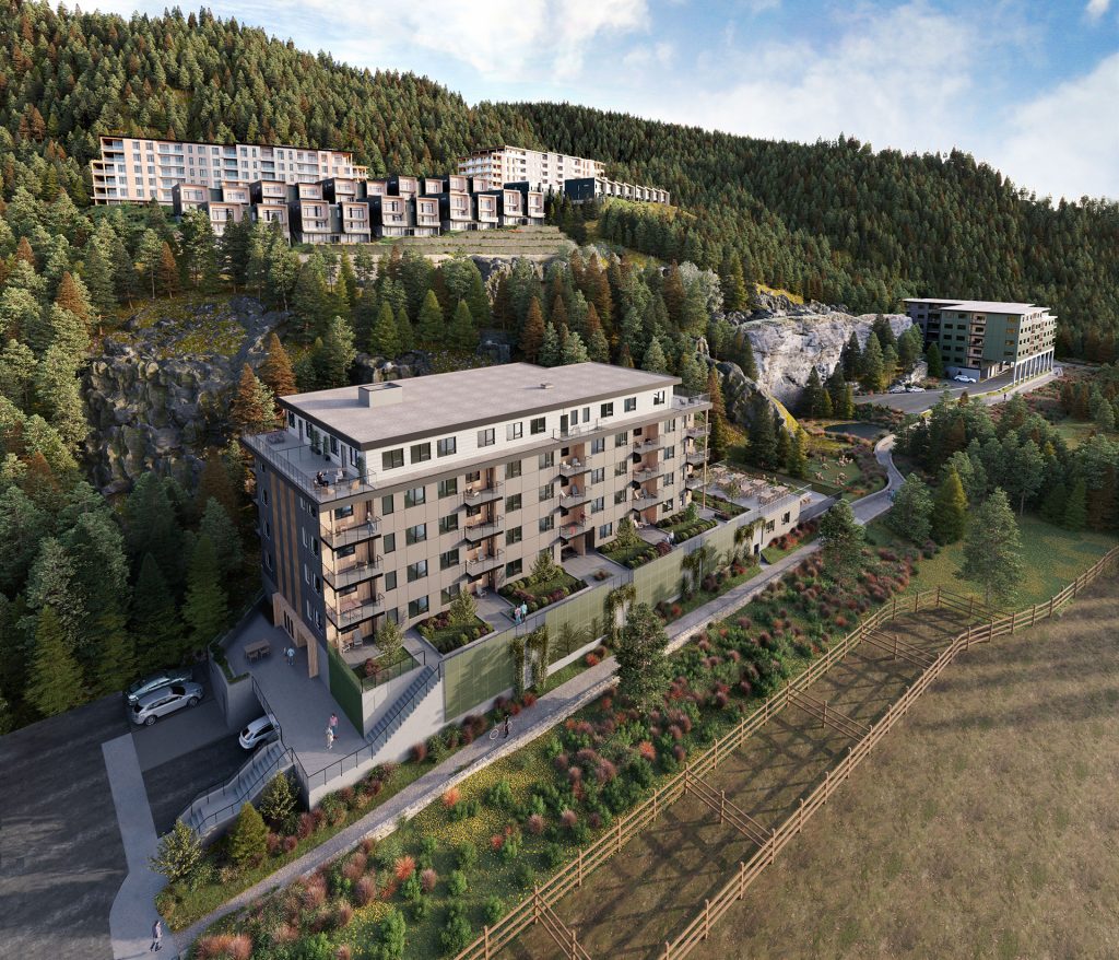 Architectural rendering of The Levette condo development on a forested Squamish hillside
