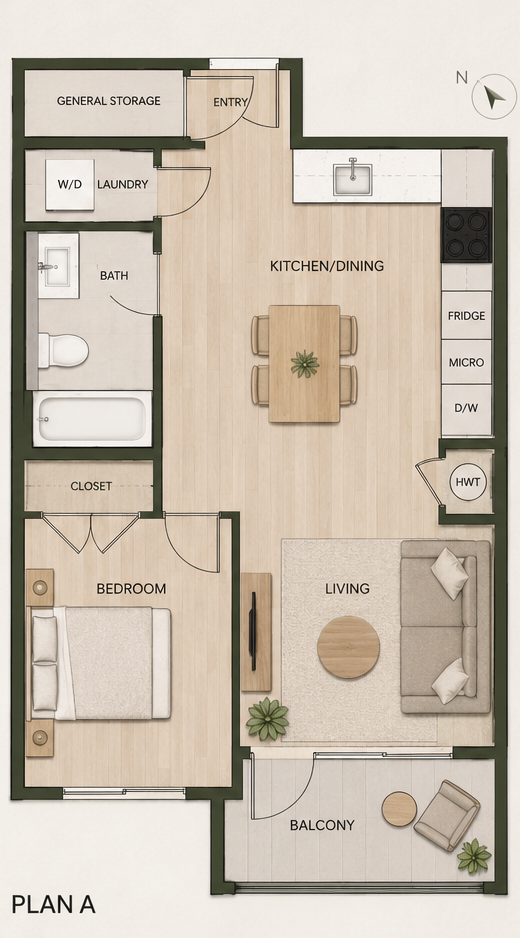 The Levette floor plan — Plan A one-bedroom layout