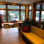 Scandinave Spa Whistler lounge seating on refinished fir
