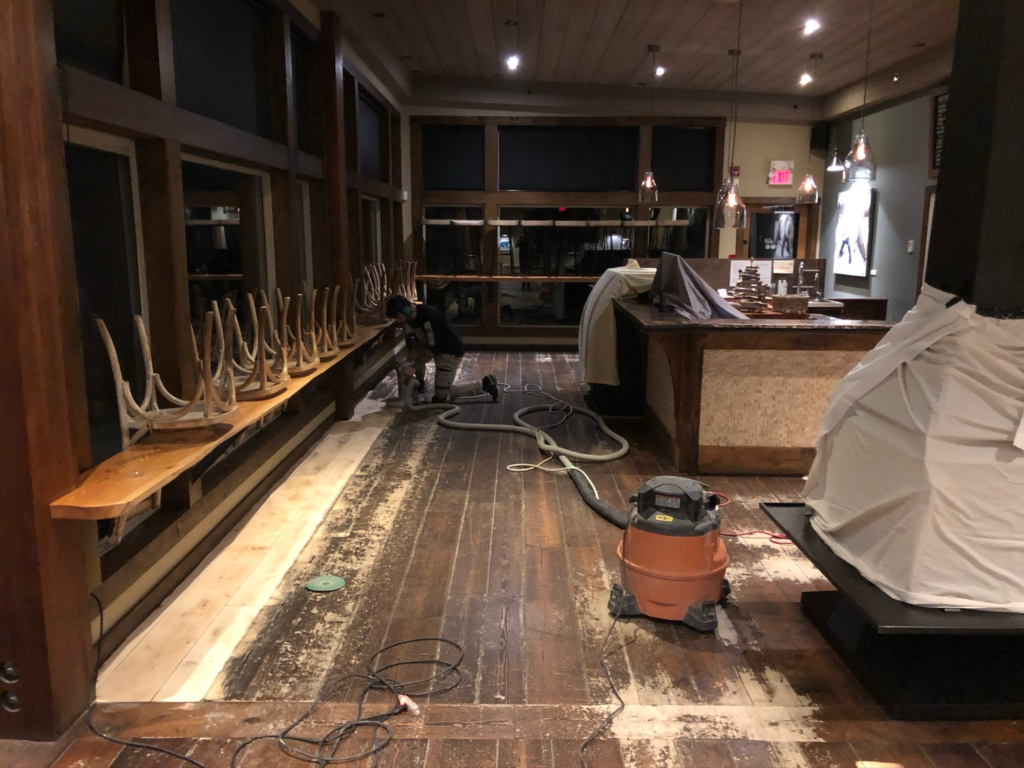 Night shift sanding at Scandinave Spa Whistler